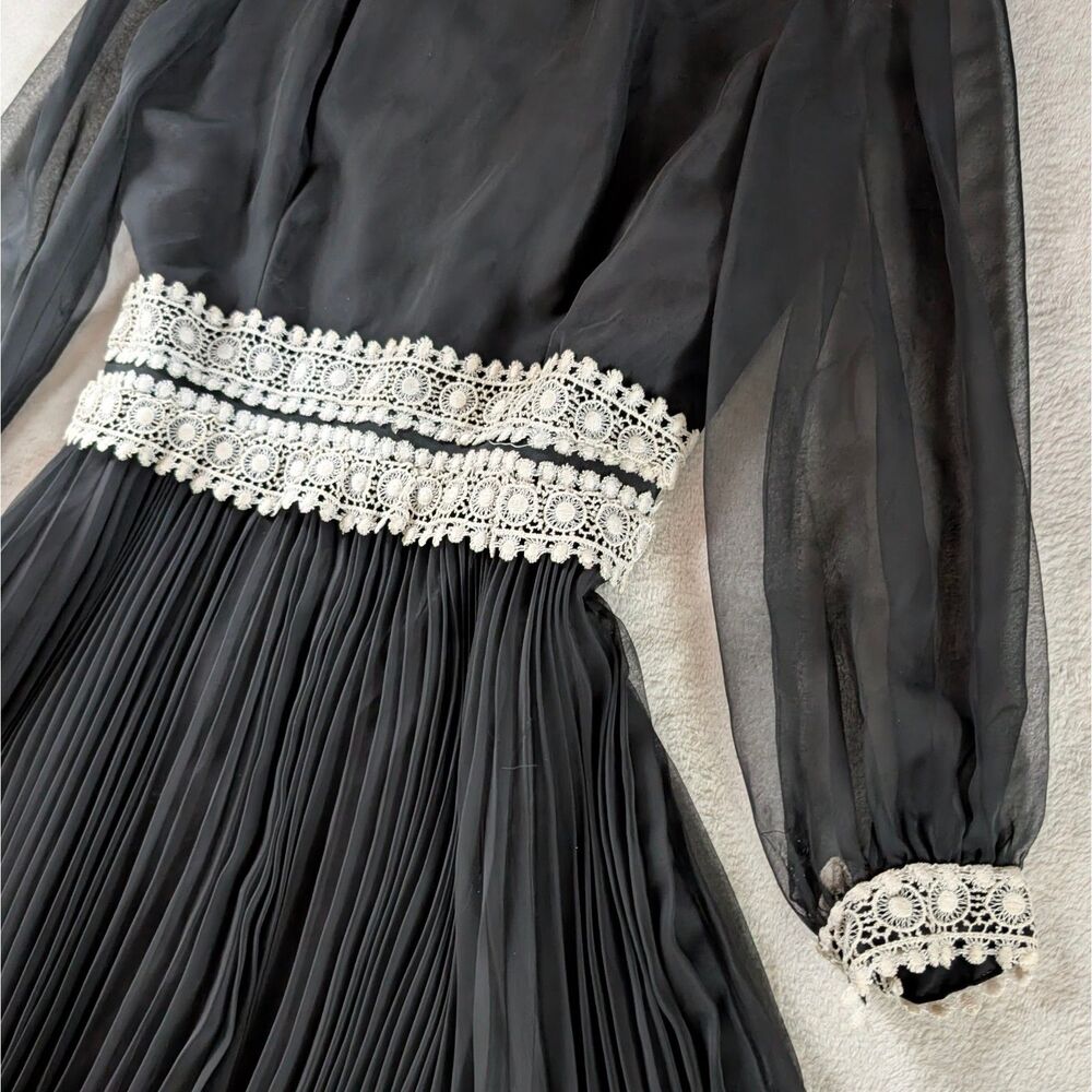 Vintage 60s Crochet Lace Cocktail Mini Dress Women's Medium Black - Picture 4 of 9